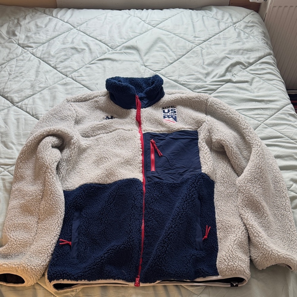 Kappa Sherpa Fleece Jacket in Cream and Navy with Red Accents